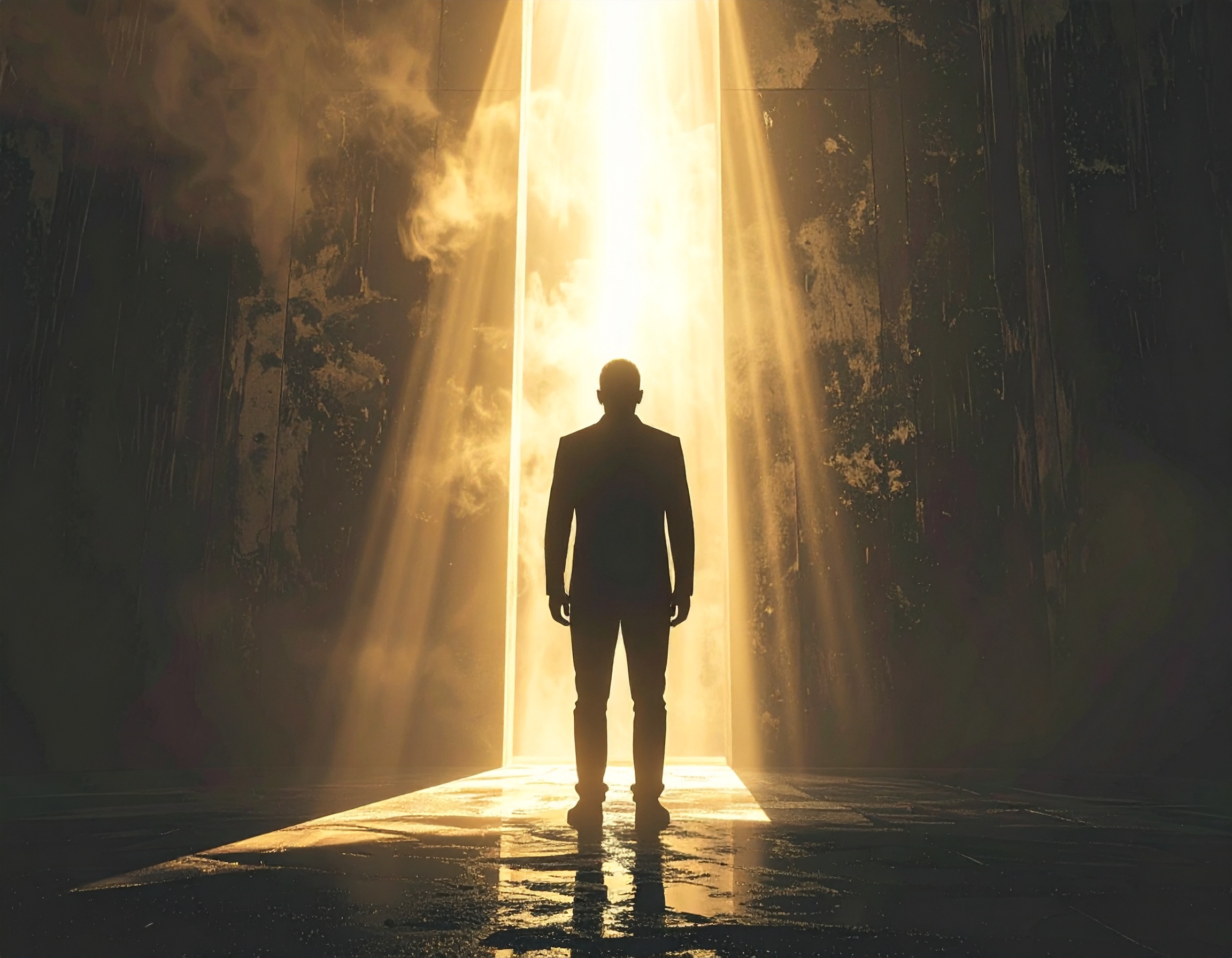 Silhouette standing before a vertical beam of radiant light, symbolizing the courage to step from silence into expression