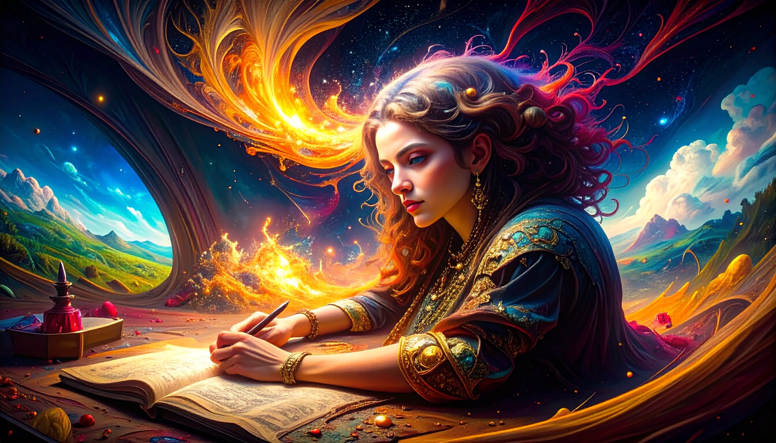 A woman immersed in writing, surrounded by flowing cosmic energy and vibrant landscapes, symbolizing the transformative power of journaling and self-discovery.