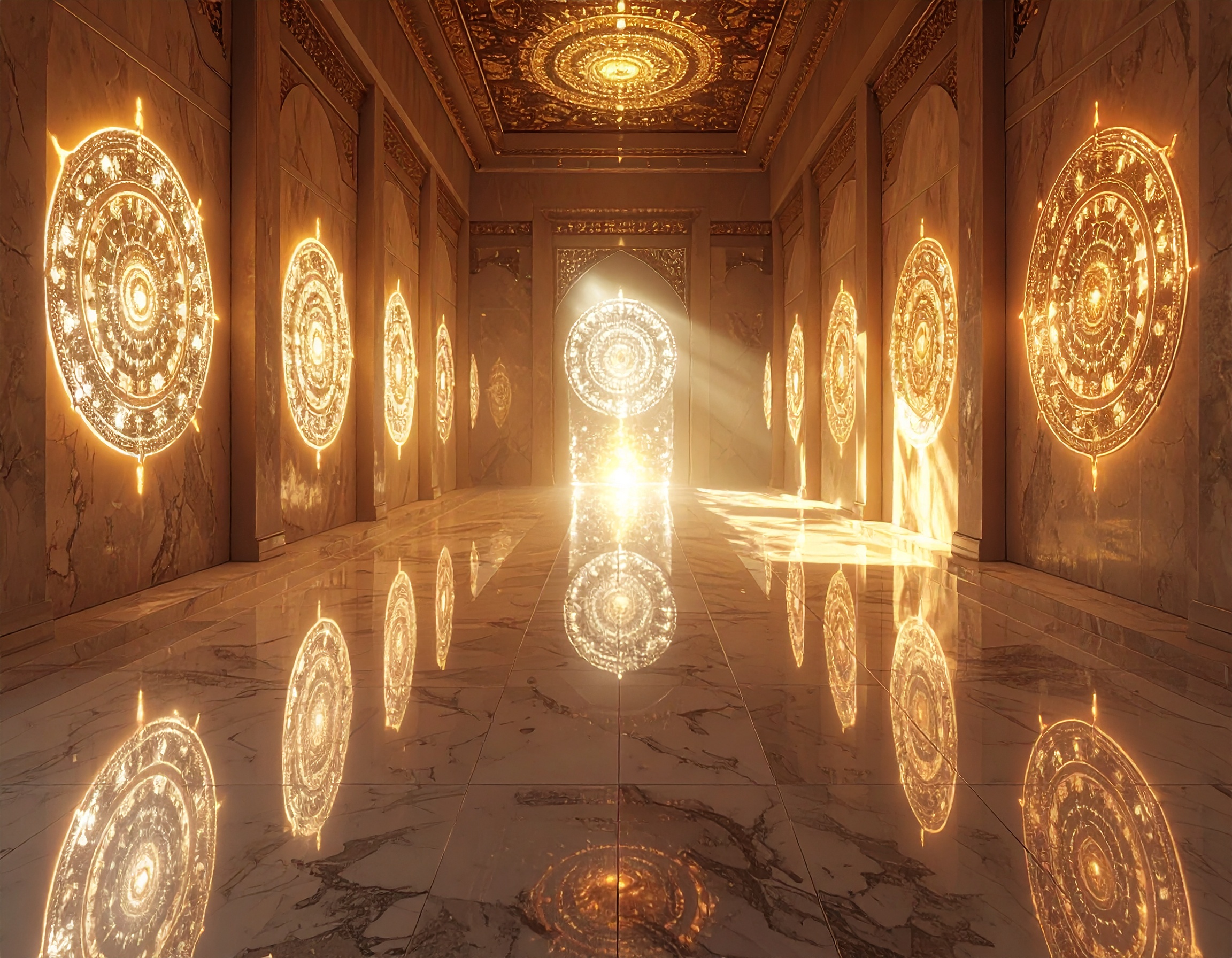 Golden glowing mandalas in a sacred hall with sunlight pouring in, symbolizing memory, reflection, and the power of journaling.