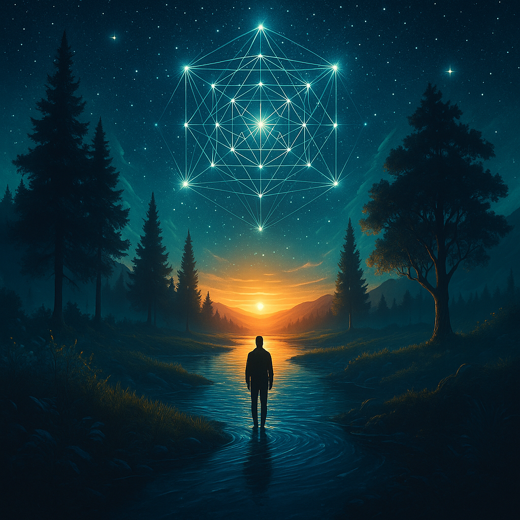 Silhouette at river beneath glowing sacred geometry in a starry sky, symbolizing higher calling and purpose.