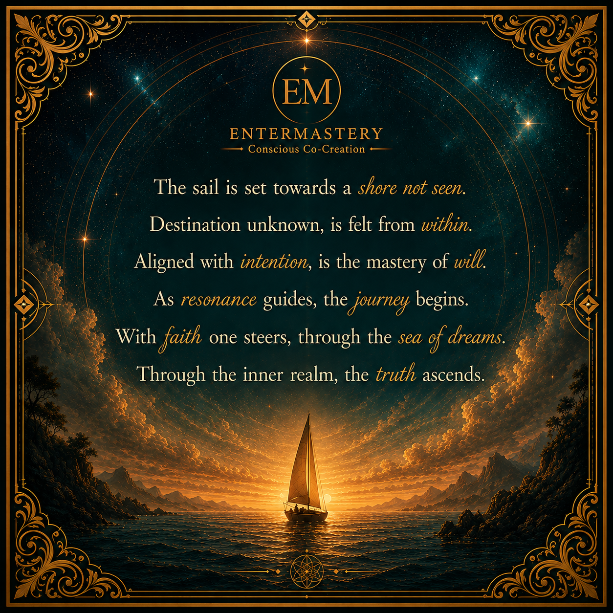 The sail is set towards a shore not seen - EnterMastery poem flyer
