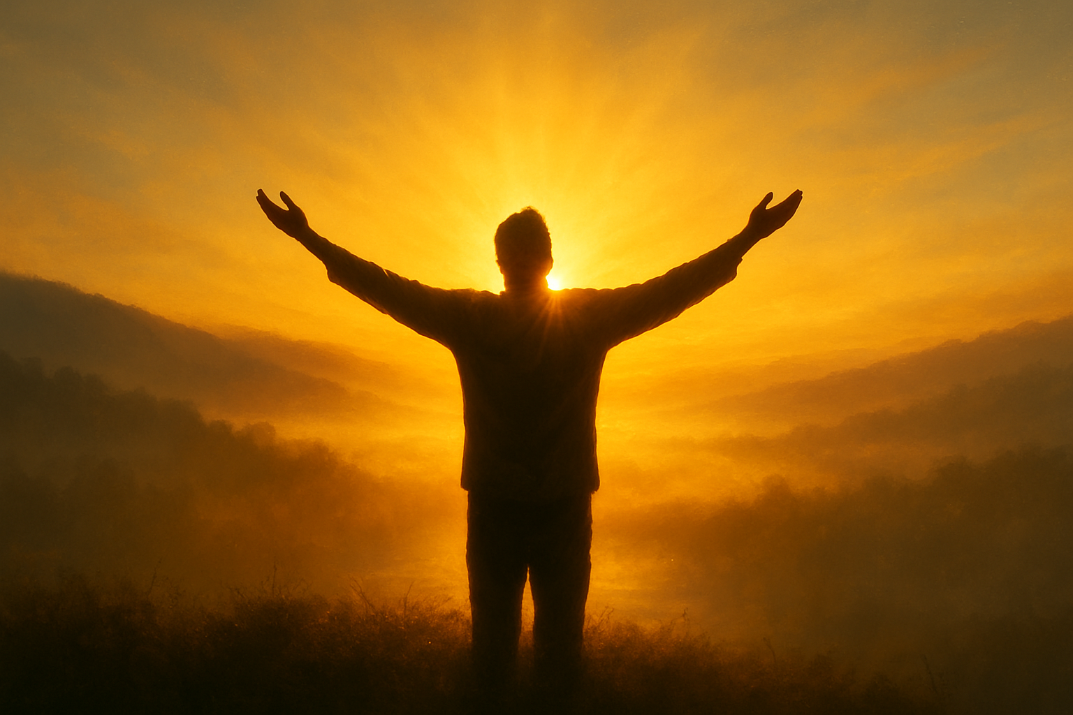 Silhouette with arms outstretched at sunrise, golden light and misty hills — symbol of acceptance and choice.