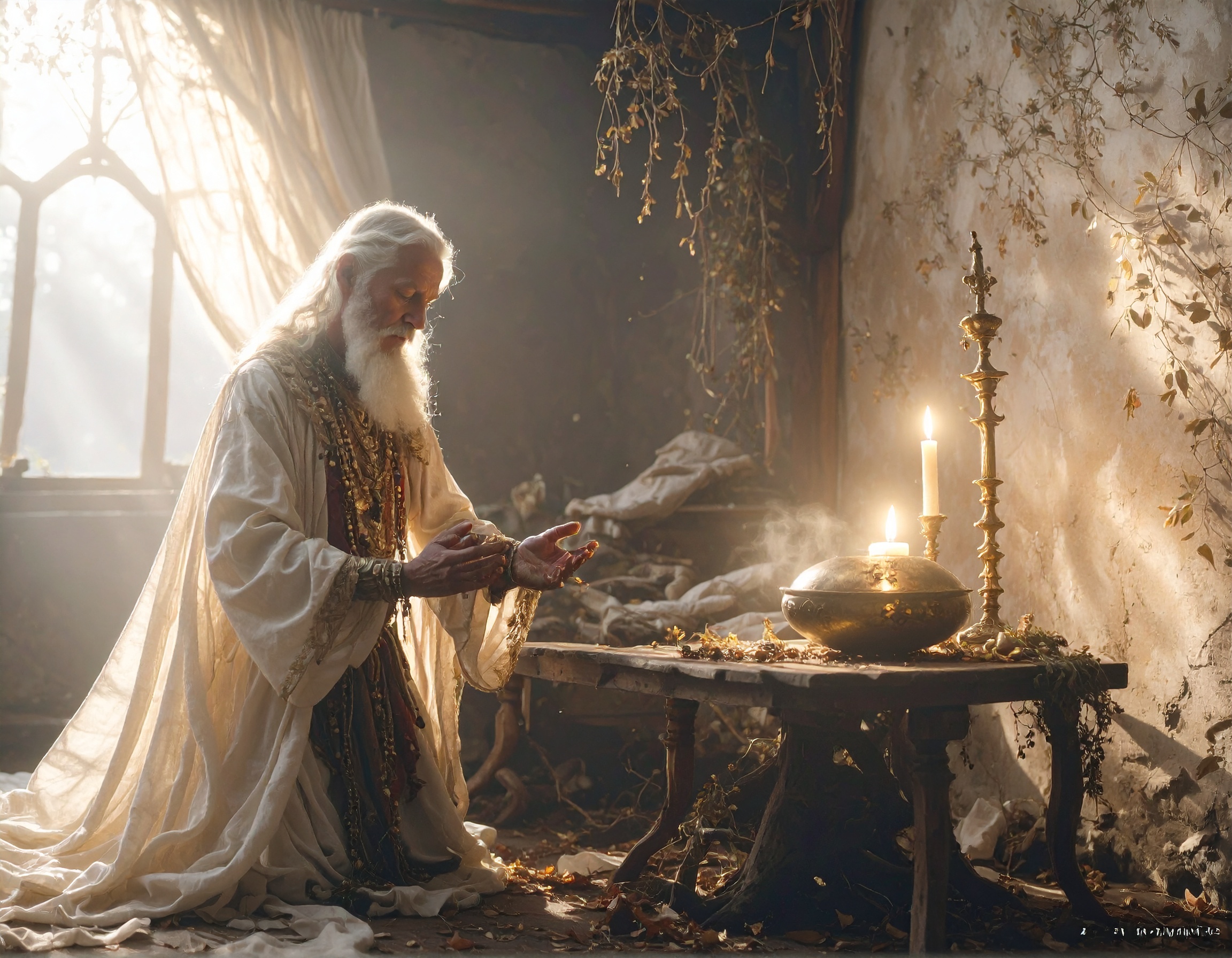 Discernment of thoughts—an elderly man kneels in quiet prayer by candlelight at dawn
