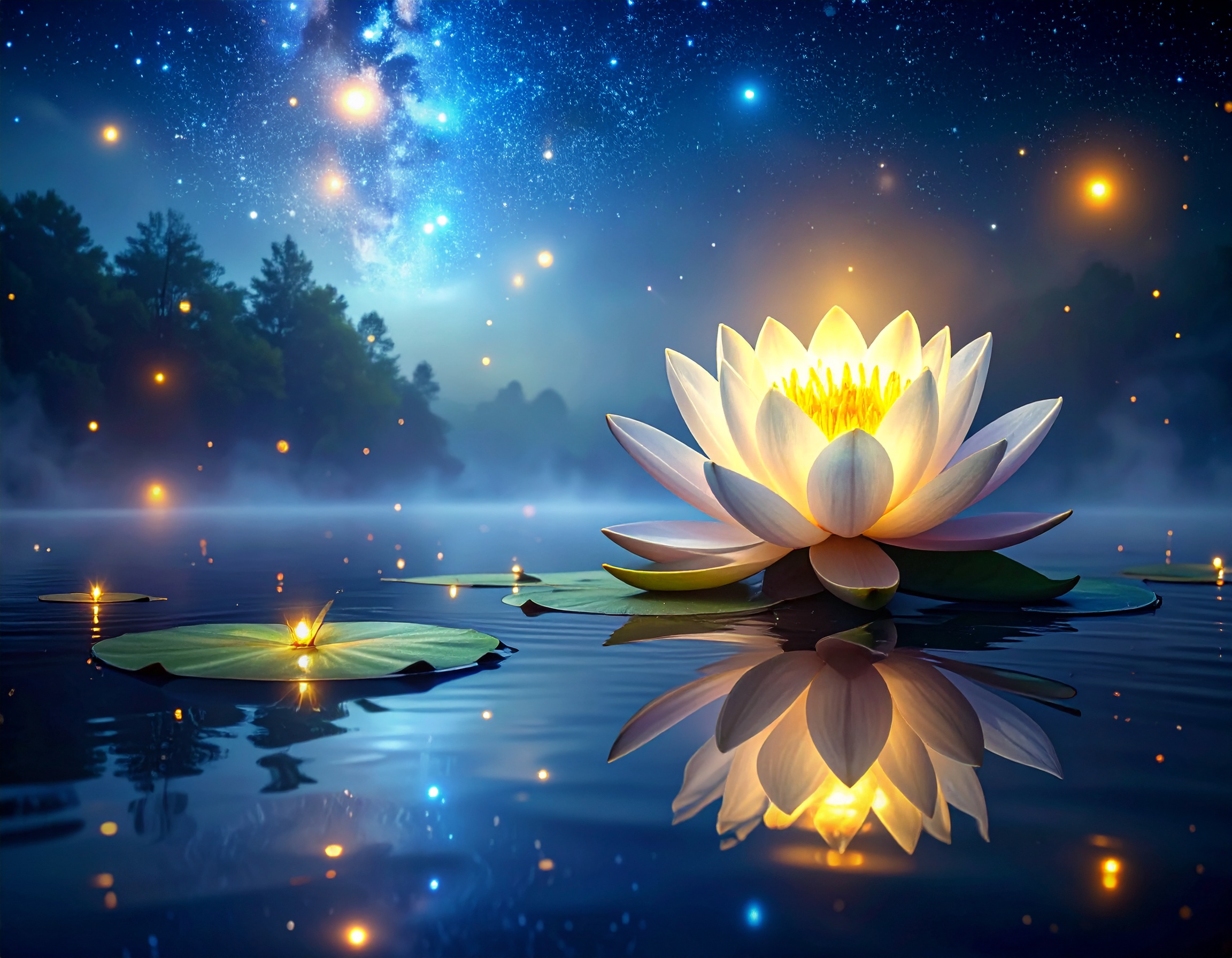 Abstract glowing lotus flower under a starry night sky, symbolizing peace and the power of sharing