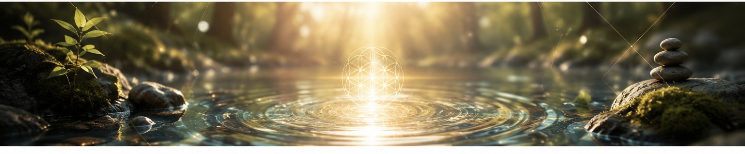 Sunlight and sacred geometry rippling across still water, surrounded by moss-covered stones and forest light