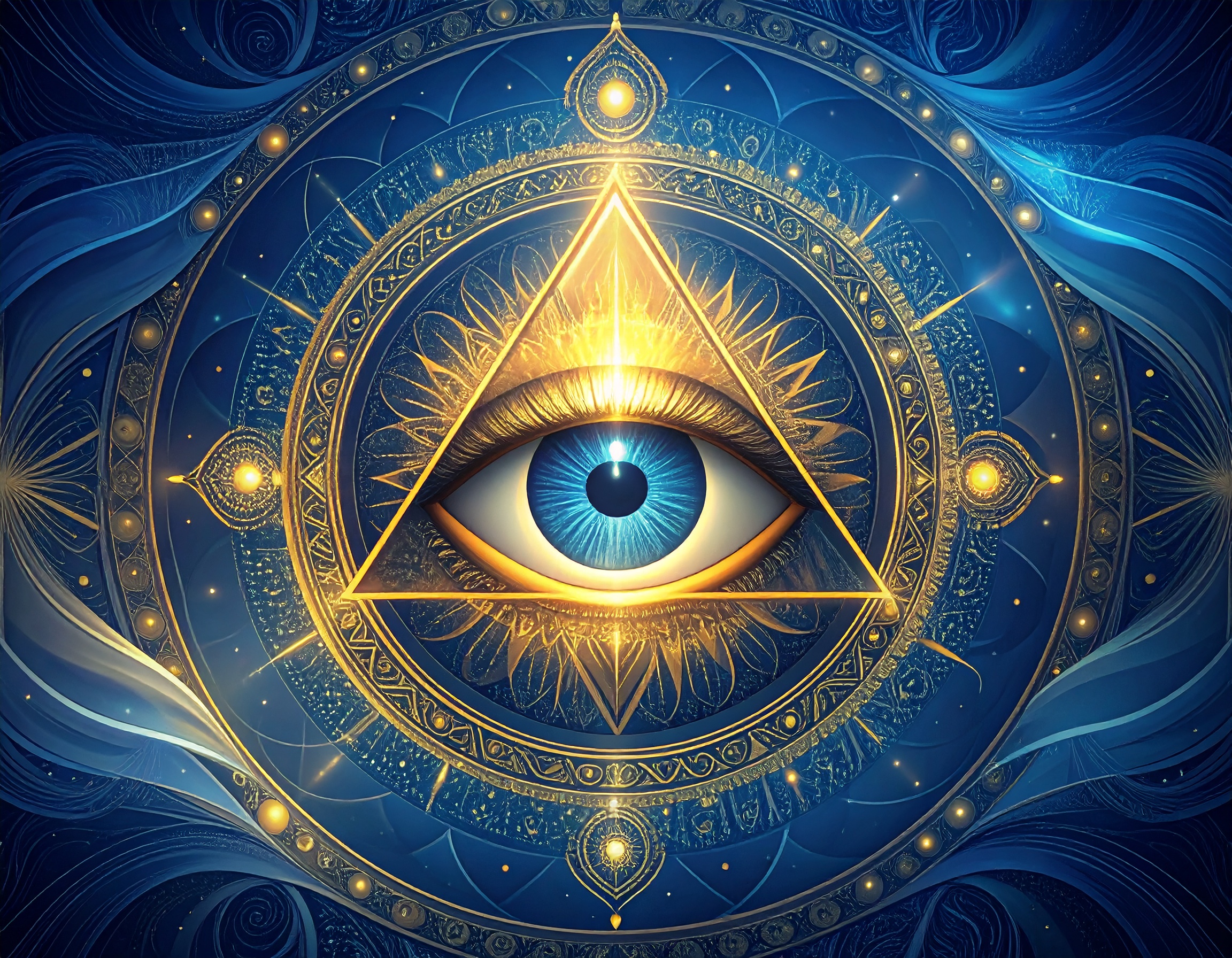 A glowing third eye inside a golden triangle, surrounded by blue and gold sacred geometry patterns, symbolizing intuition, discernment, and attentive awareness.