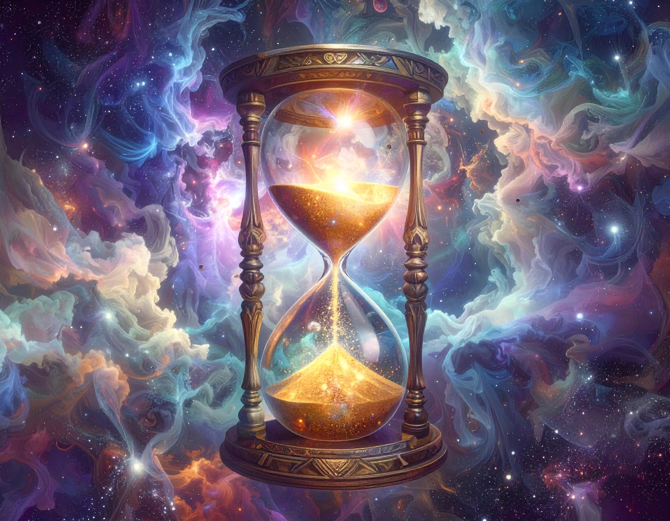 A mystical hourglass glowing with golden sand, floating in a cosmic nebula of swirling colors, symbolizing time, choices, and the art of prioritization in a world of infinite possibilities.