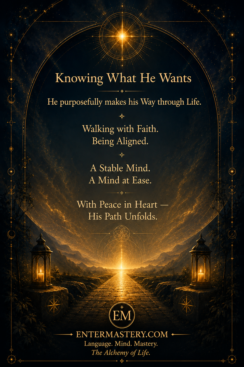 A ceremonial flyer with the words Knowing What He Wants — He purposefully makes his Way through Life. Walking with Faith. Being Aligned. A Stable Mind. A Mind at Ease. With Peace in Heart — His Path Unfolds. Gold text on dark background with golden path and lanterns. EnterMastery.com