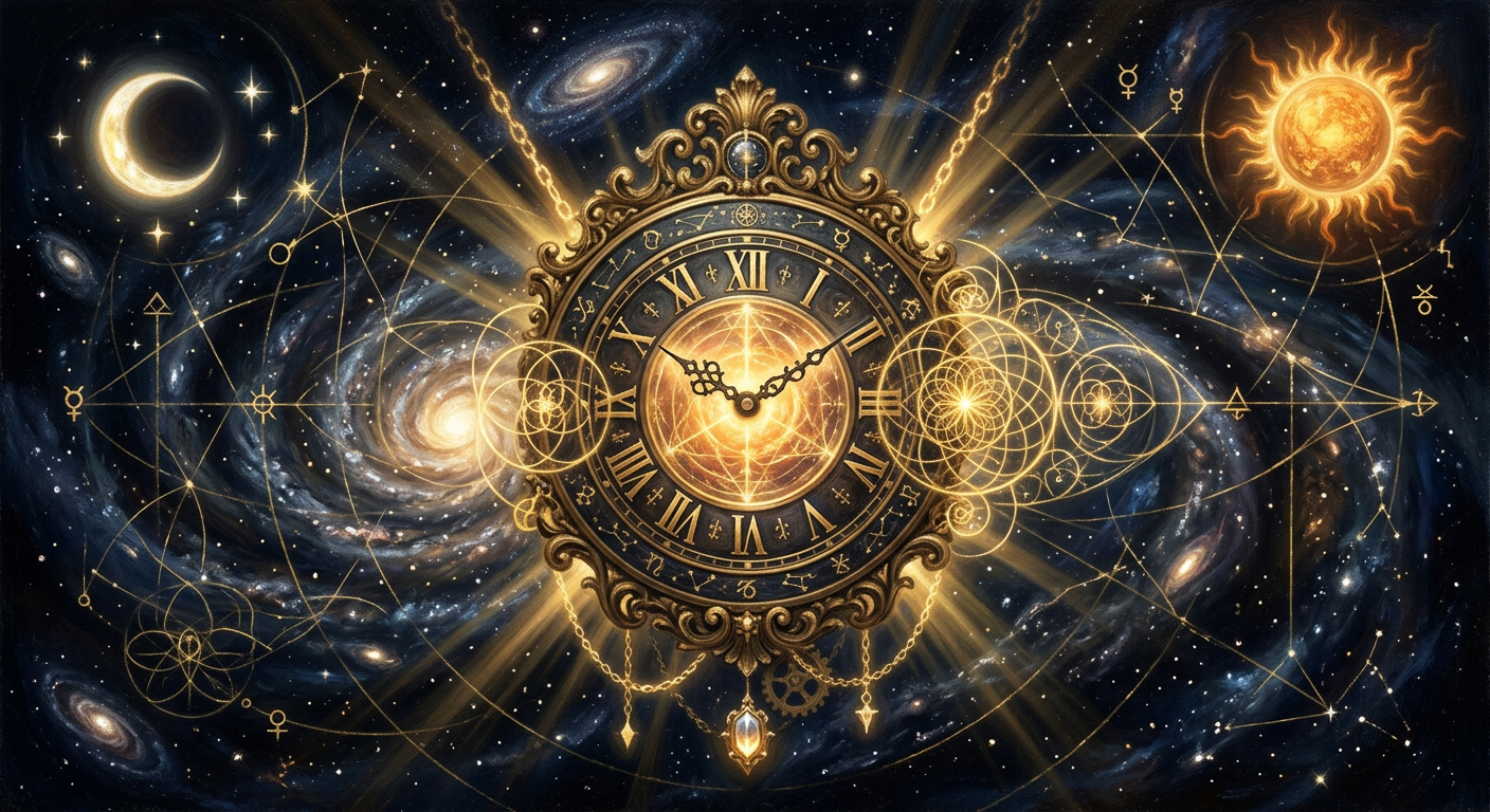 A mystical baroque illustration of an ornate golden clock face suspended in cosmic space surrounded by sacred geometry, alchemical symbols, spiralling galaxies, moon and sun. EnterMastery.com