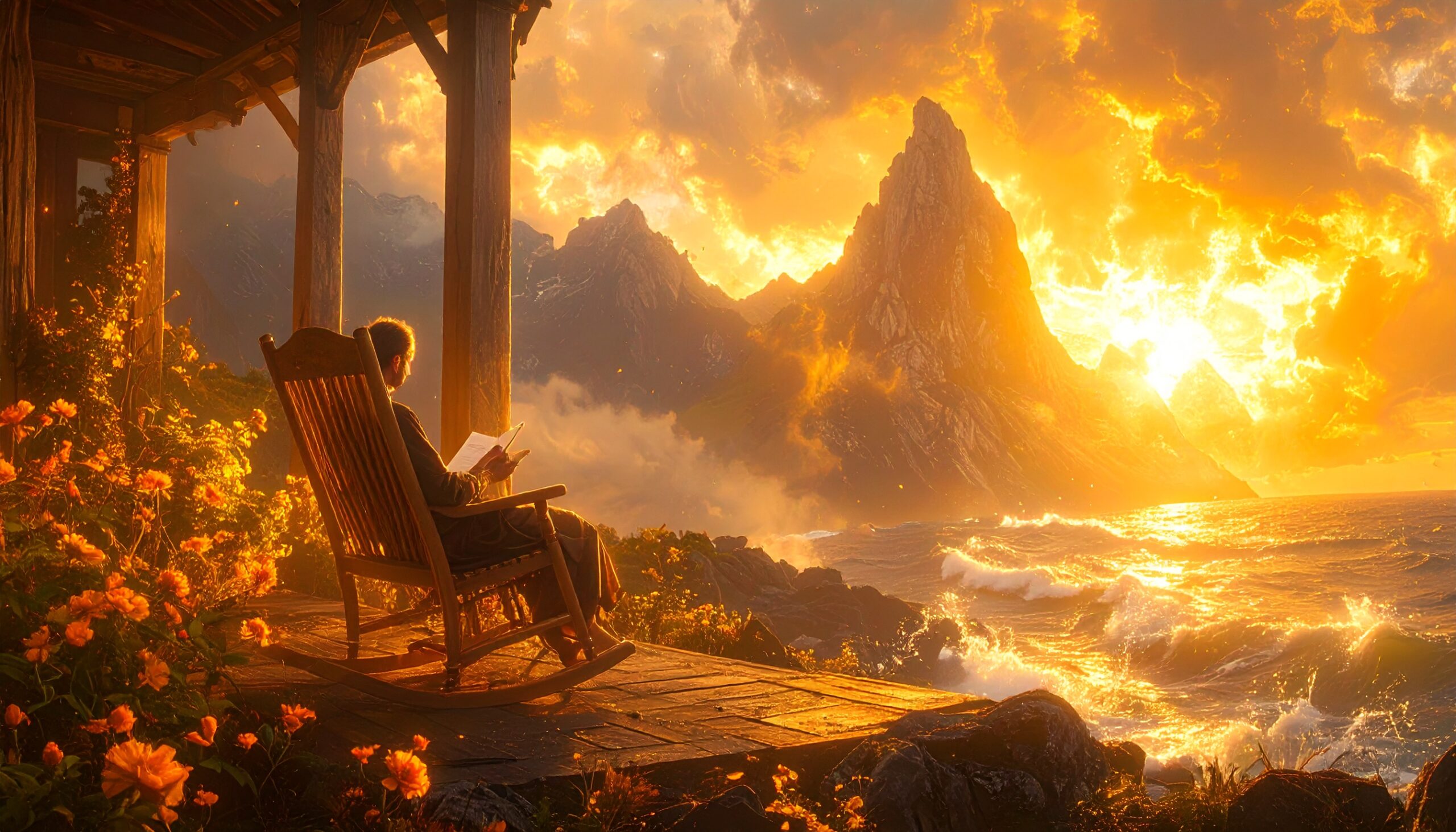 A man journaling in a rocking chair at sunrise on a wooden porch overlooking the ocean, expressing a moment of morning self-reflection.