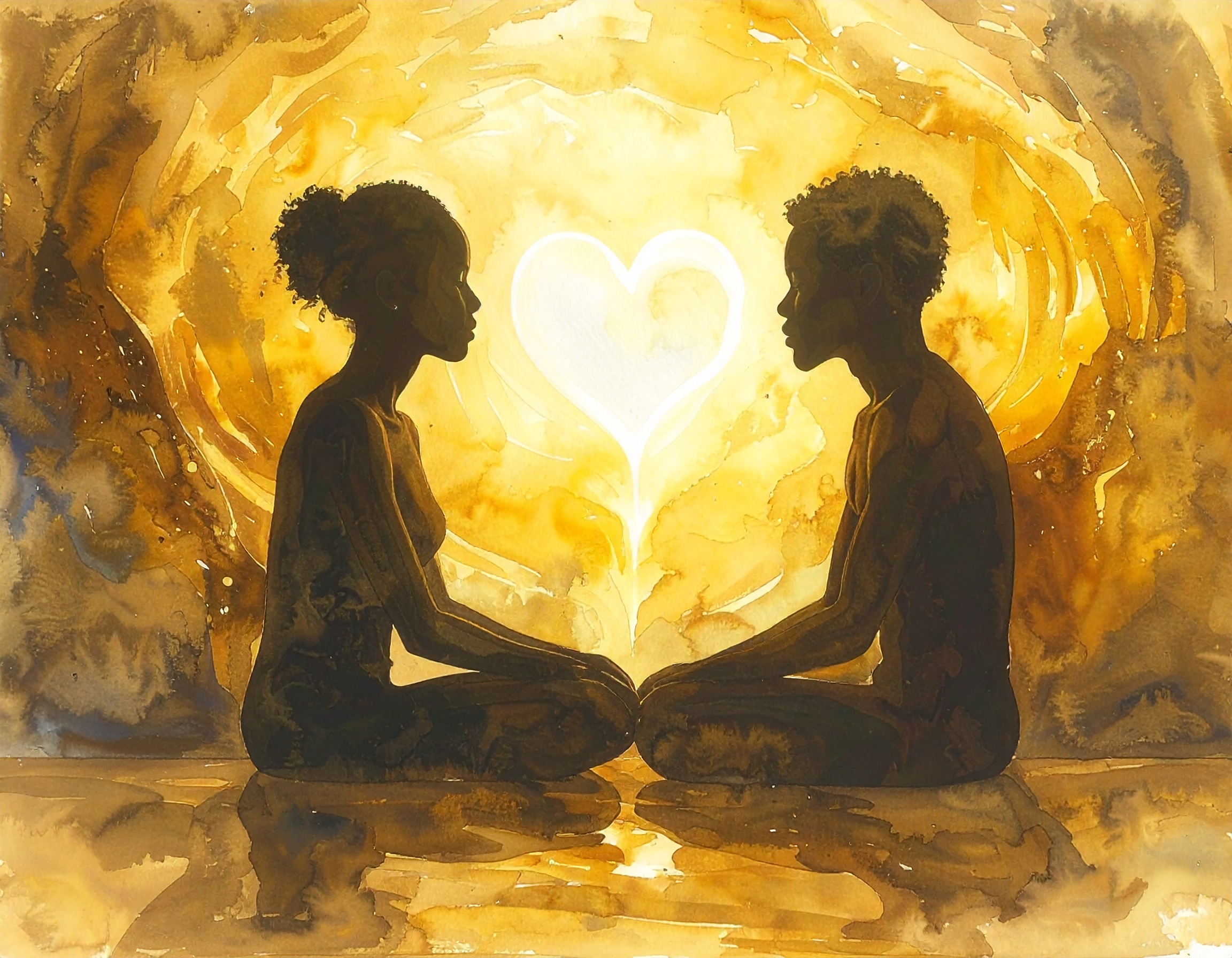 Two silhouettes sitting face to face in meditation under golden light, with a glowing heart between them symbolizing love, truth, and soulful connection.