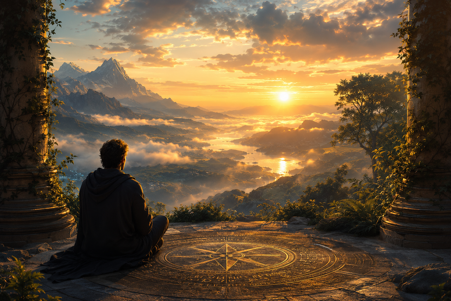 A figure sitting in quiet contemplation at sunrise, facing a misted valley, with a compass carved into the stone beneath them — The Power of Thoughts: What is Necessary?