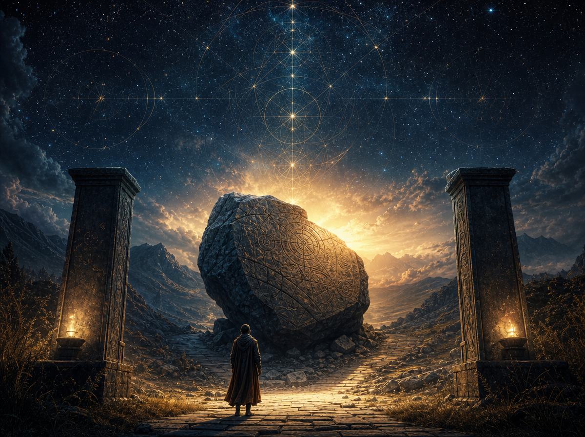 A lone figure standing before a glowing threshold between two stone pillars, an ancient carved stone marked with sacred geometry — What Thoughts Are Necessary?