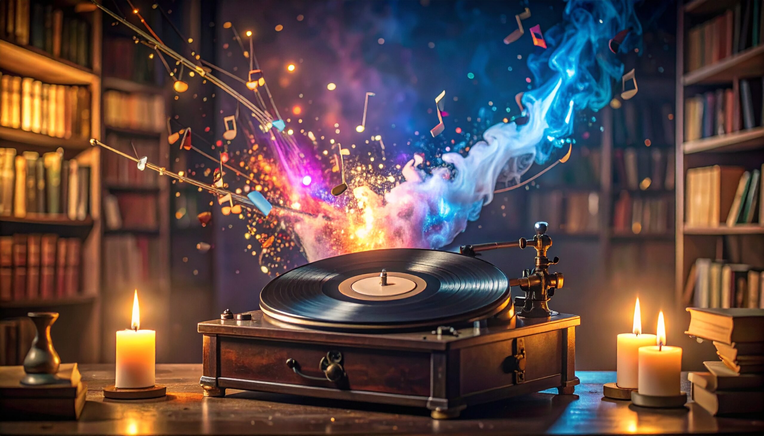 Vintage record player with glowing musical notes and colorful energy waves, symbolizing frequency, repetition, and subconscious reprogramming.