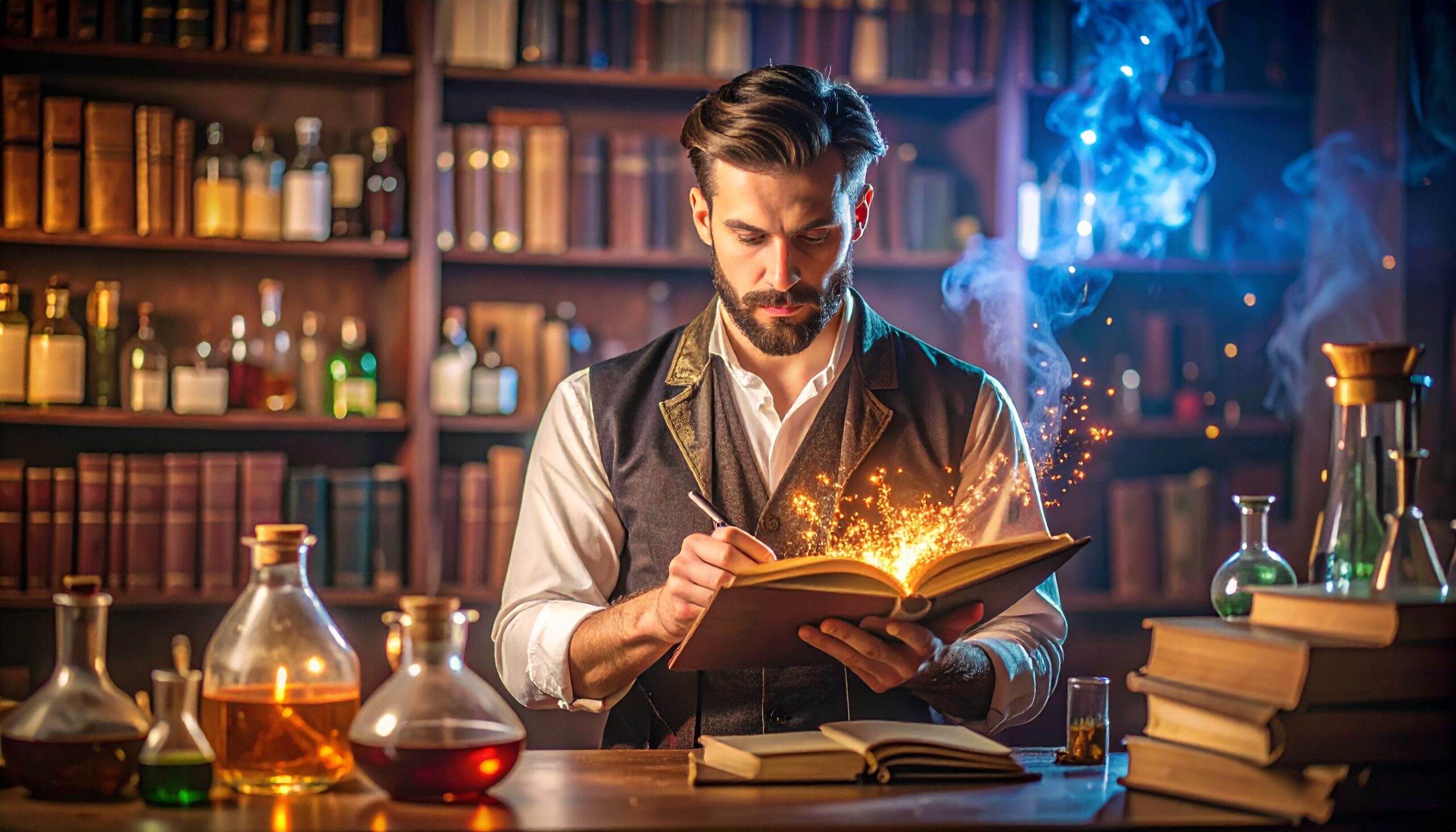 an journaling in mystical alchemical library — personal growth, transformation, letting go