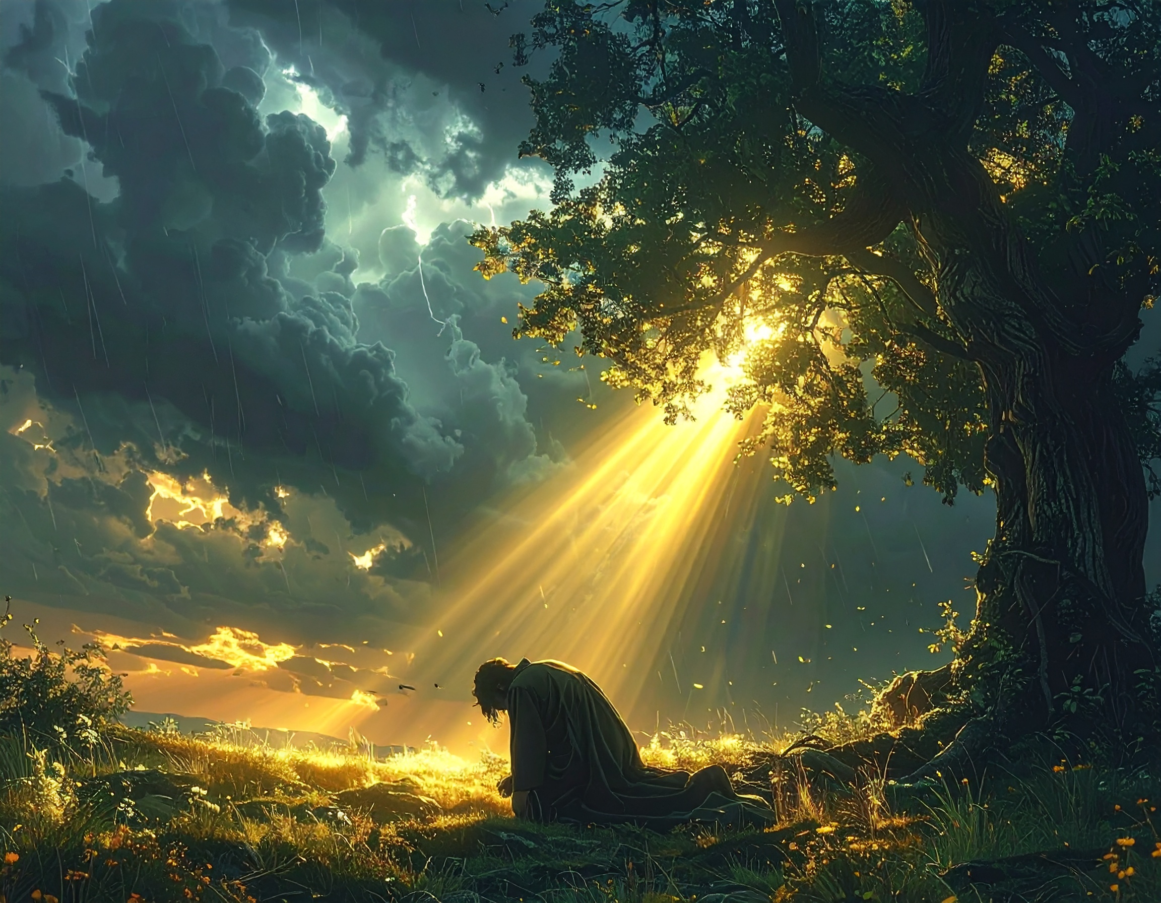 A kneeling figure under storm clouds as golden light breaks through, symbolizing struggle, surrender, and renewal.
