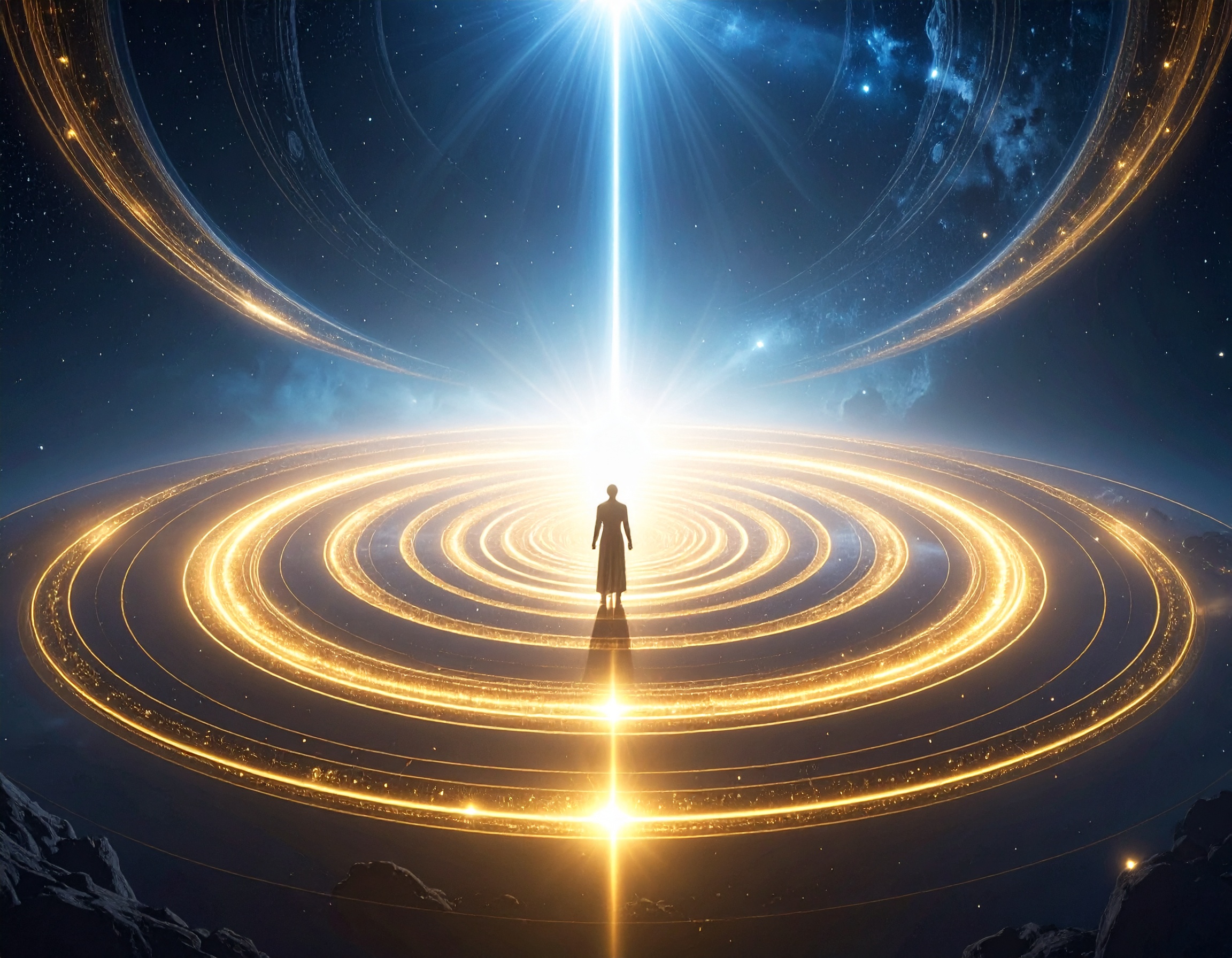 Golden ripple circles radiating from a single point of light in deep blue space, symbolizing cause and effect and discernment in action