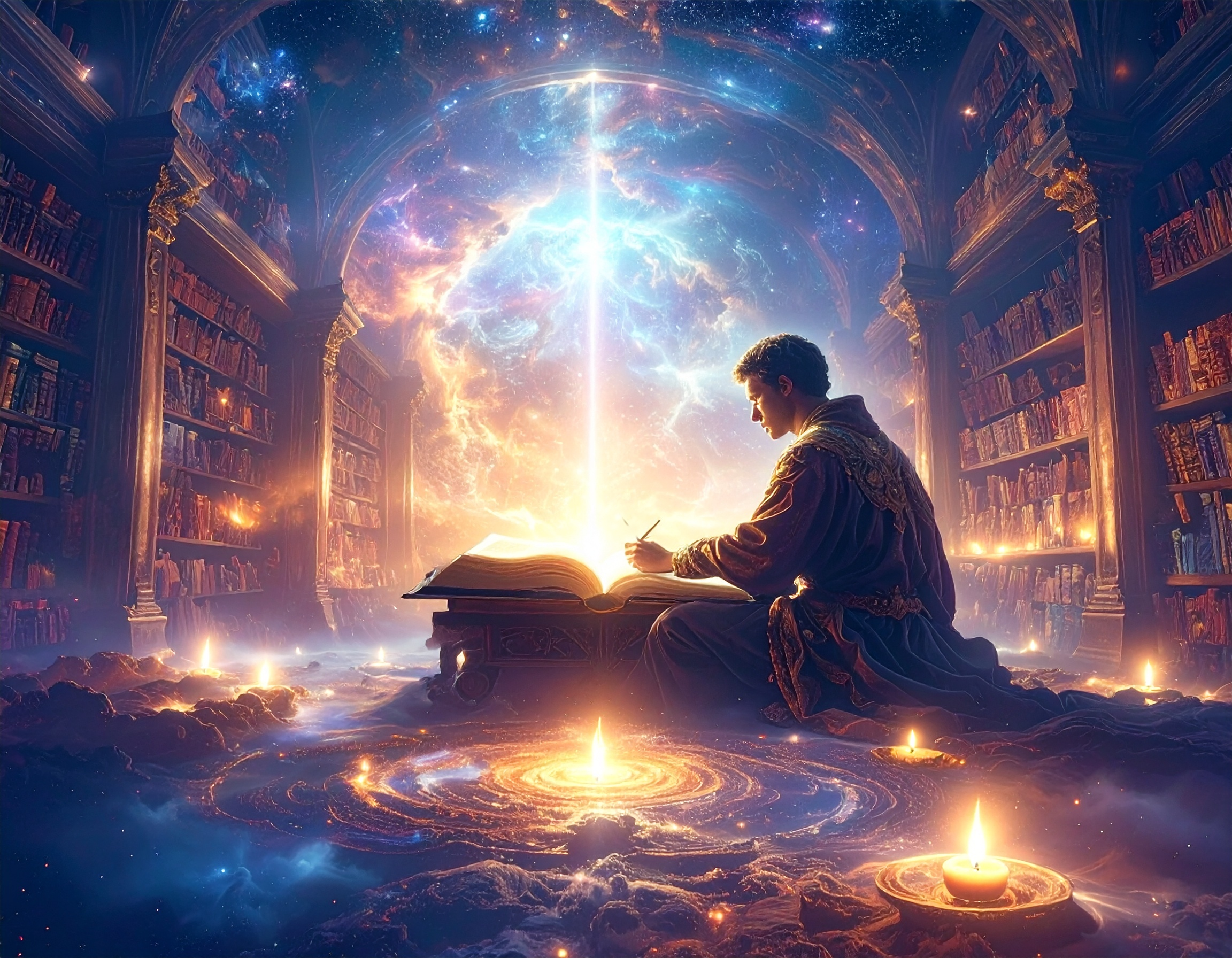 A man writes in a grand cosmic library as a beam of light shines into his open book, symbolizing divine inspiration and the purpose of writing — why we write to create, awaken, and discover ourselves