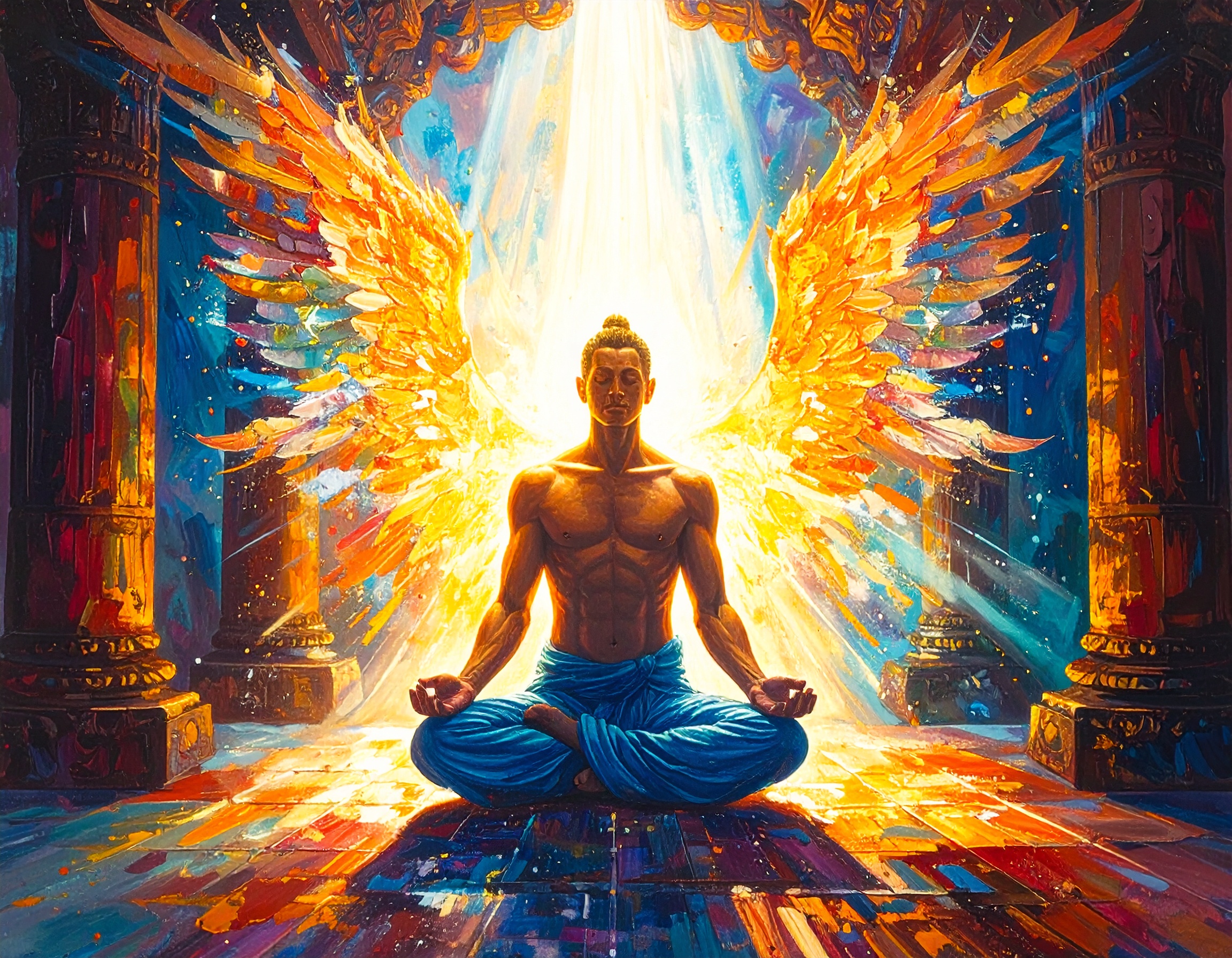 A meditating figure illuminated by golden light within a sacred temple, symbolizing conscious expression, courage, and inner peace.