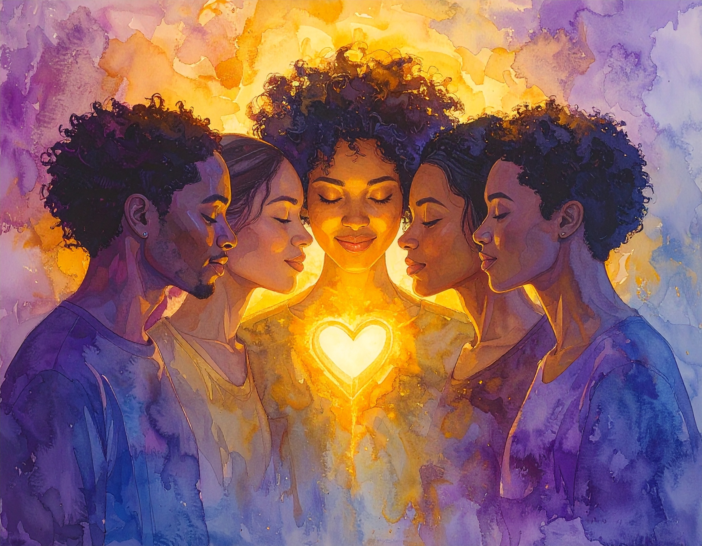 A group of people gathered closely, their faces illuminated by a glowing heart at the center — symbolizing honest expression, love, and heartfelt communication.