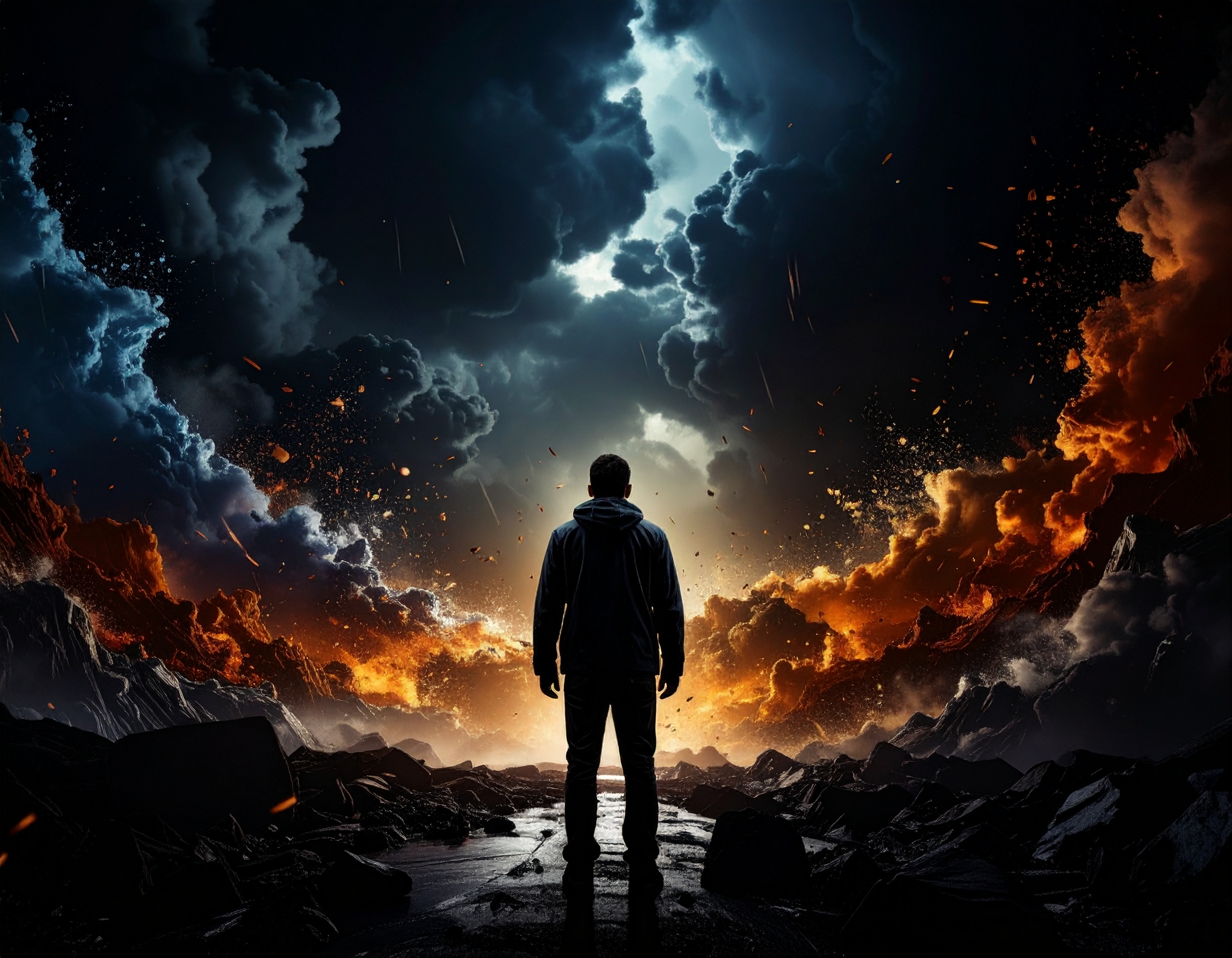 A man stands calmly at the center of a storm, surrounded by clouds of fire and darkness, symbolizing inner focus, discernment, and spiritual prioritization amid chaos.