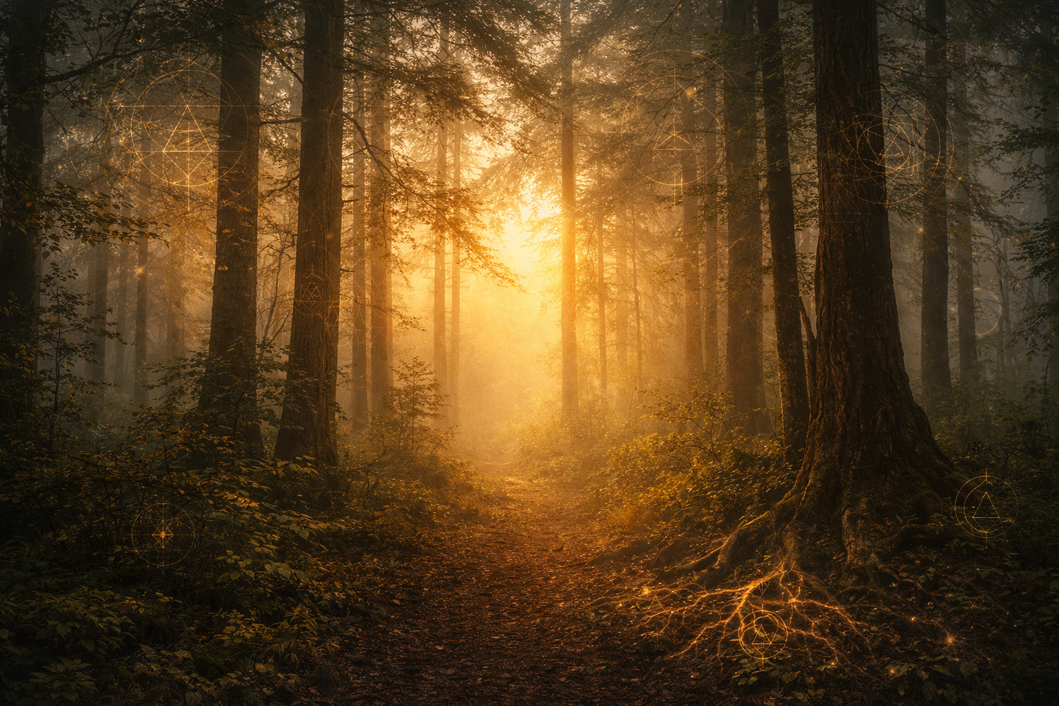 A sunlit forest path representing the path of self-mastery and conscious living