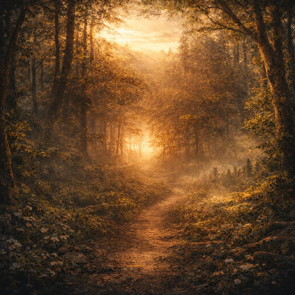 A golden forest path at dawn — sunlight breaking through ancient trees — Life is the Ceremony by Joakim Strandh