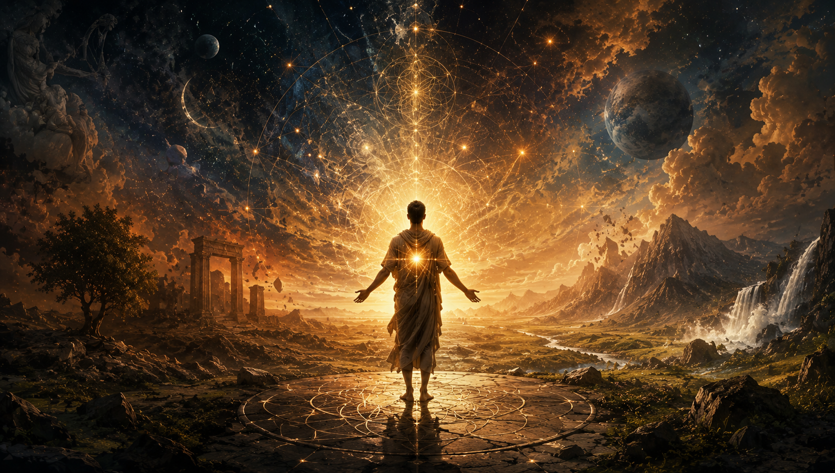 Human consciousness pathway to peace - figure standing in sacred light