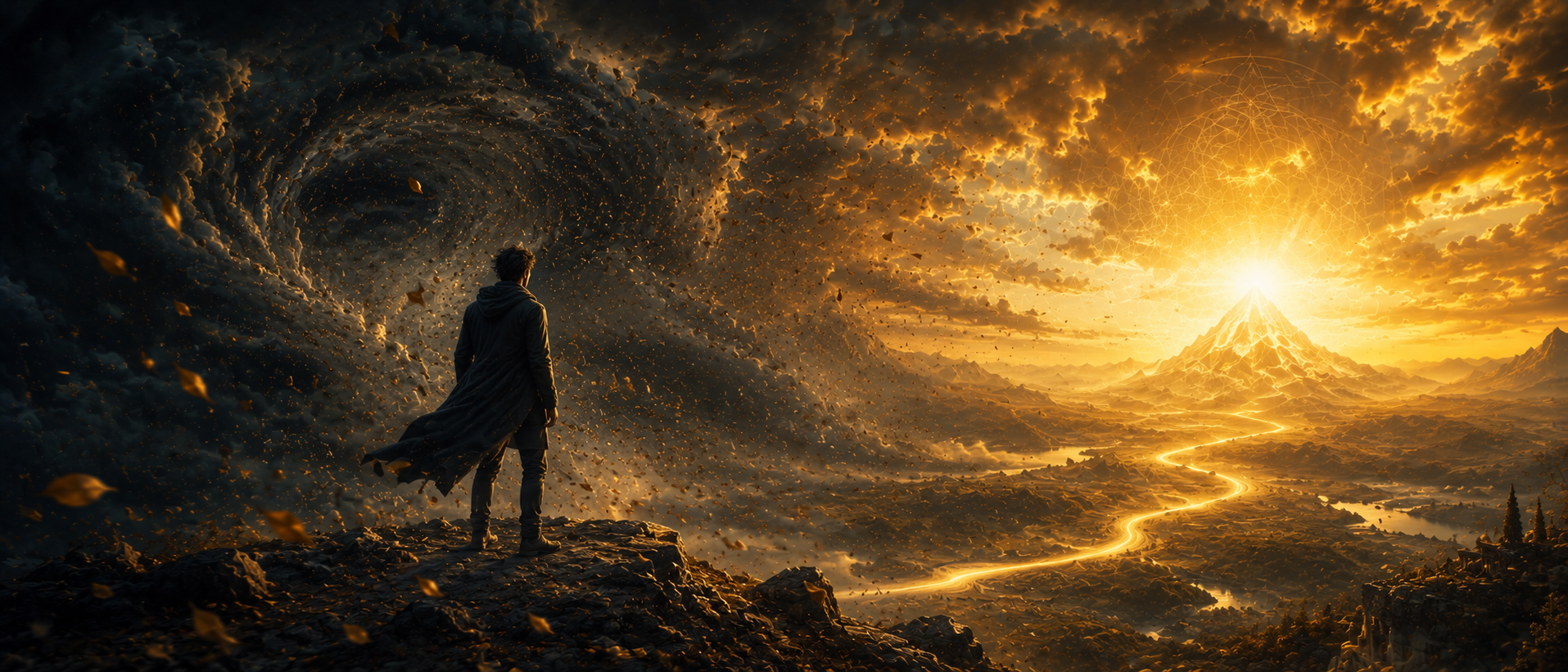 A man stands at the threshold between a dark swirling storm of thought and a vast golden landscape of light — the moment of stepping outside the conditioned mind and seeing clearly.