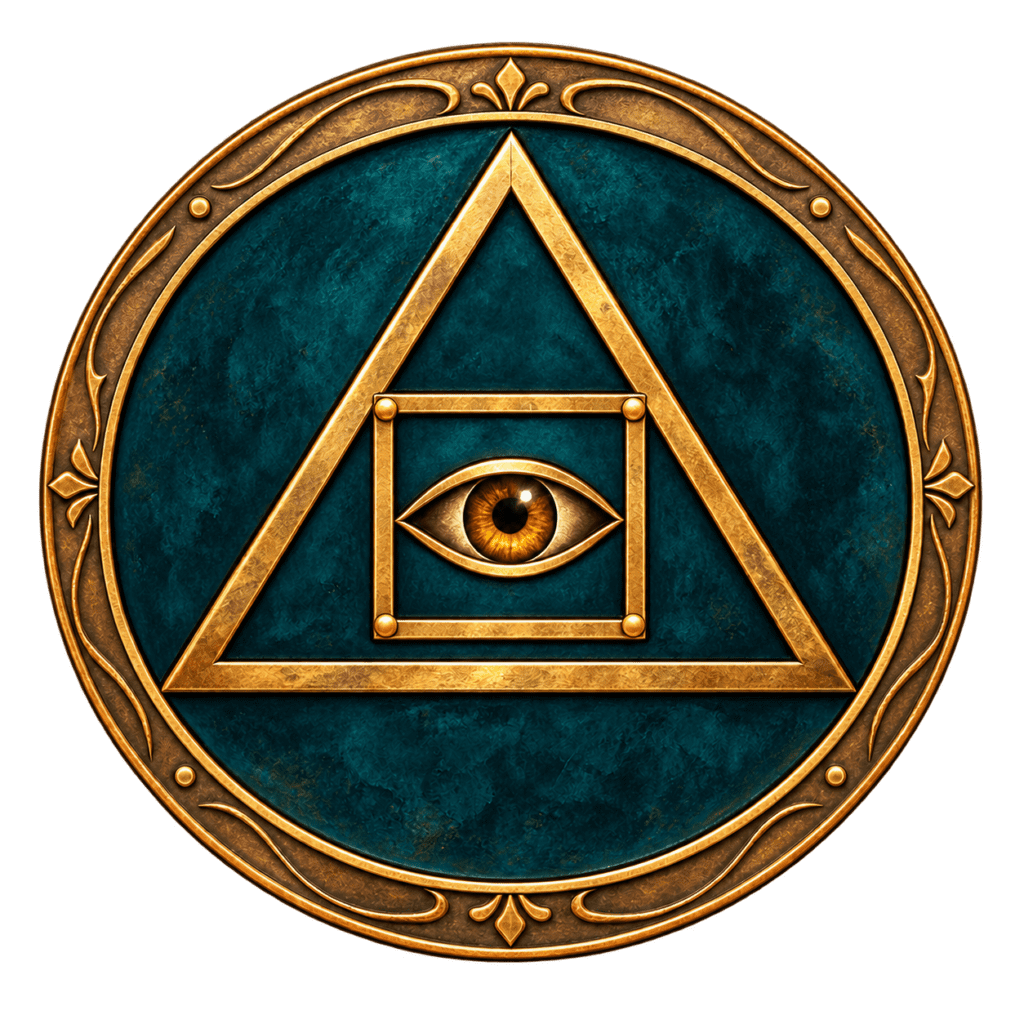 Gold alchemical emblem with a triangle and square framing an eye against deep teal.